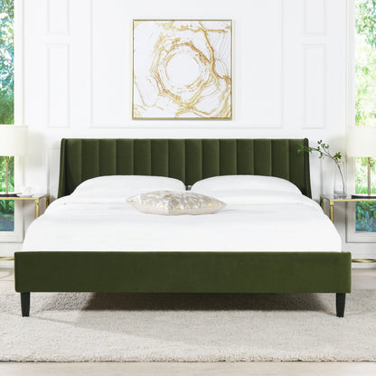 Aspen Vertical Tufted Headboard Platform Bed Set, King, Olive Green Performance Velvet