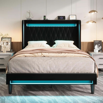 Full Size Bed Frame LED Lighting And USB Charging Black